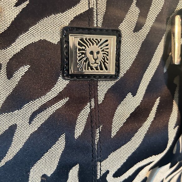 Anne Klein Cut Out Zebra Print Satchel Bag Purse Patent Black Tan Red Interior - Picture 3 of 6